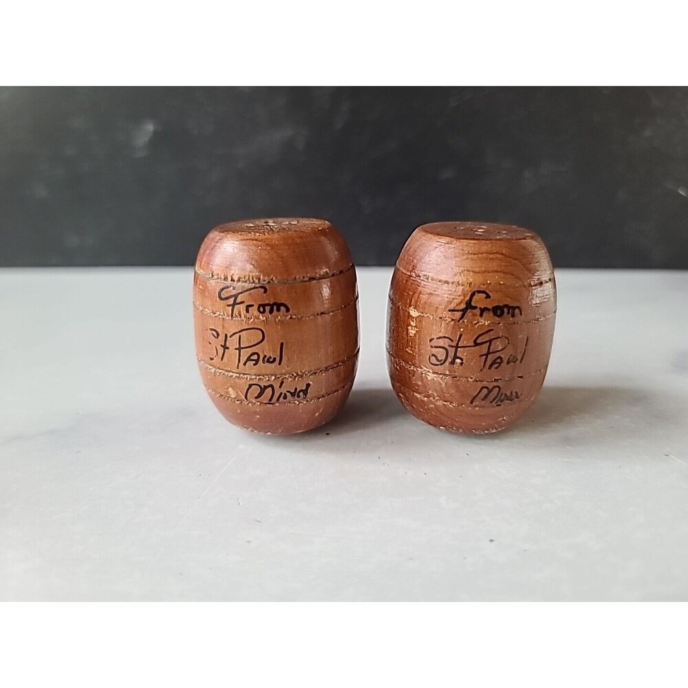 Vintage Wooden Barrel Shaped Salt And Pepper Shakers Souvenir From St. Paul...